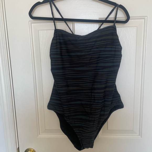 Kona Sol straight neck cinched back blue, green and black pattern one piece | L - Picture 3 of 10